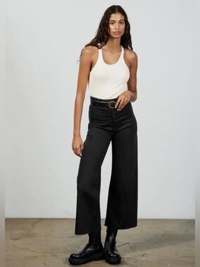 Zara Marine Straight High Waist Jeans - Faded Black Wash With Raw Hem